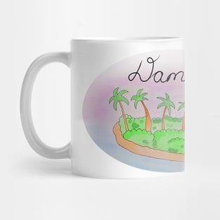 Damas watercolor Island travel, beach, sea and palm trees. Holidays and vacation, summer and relaxation Mug